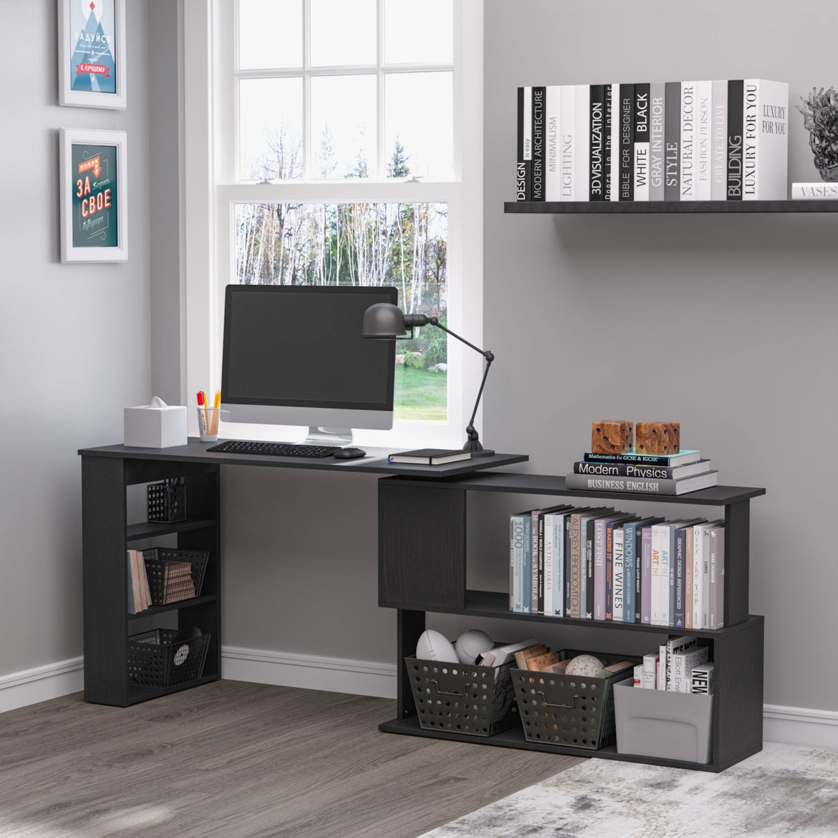Bureau d'angle en L Denver avec rallonge d'angle rotative à 360° - Noir