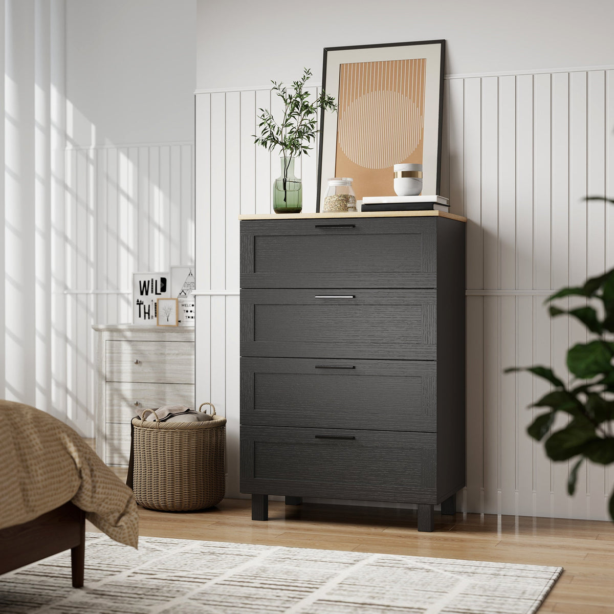 Taylor Chest of Drawers for Bedroom with Solid Wood Legs-Black
