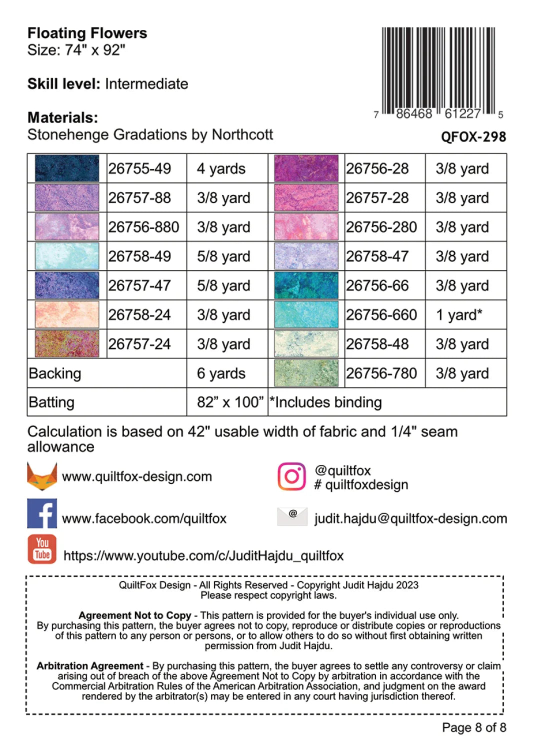 Quilt Fox - Floating Flowers - Stonehenge - Patron de courtepointe