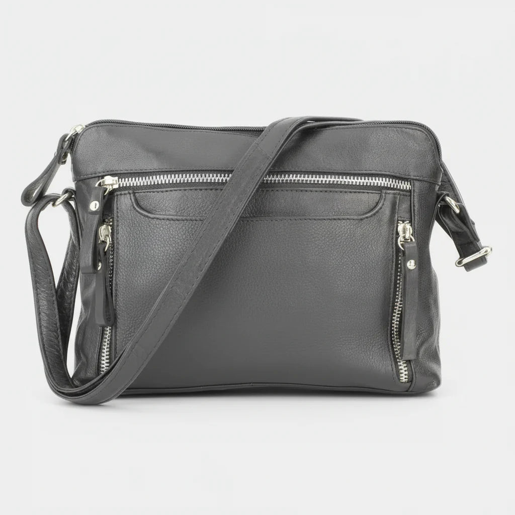 Leather Crossbody Slim Bag with Zippered Pockets & Adjustable Strap