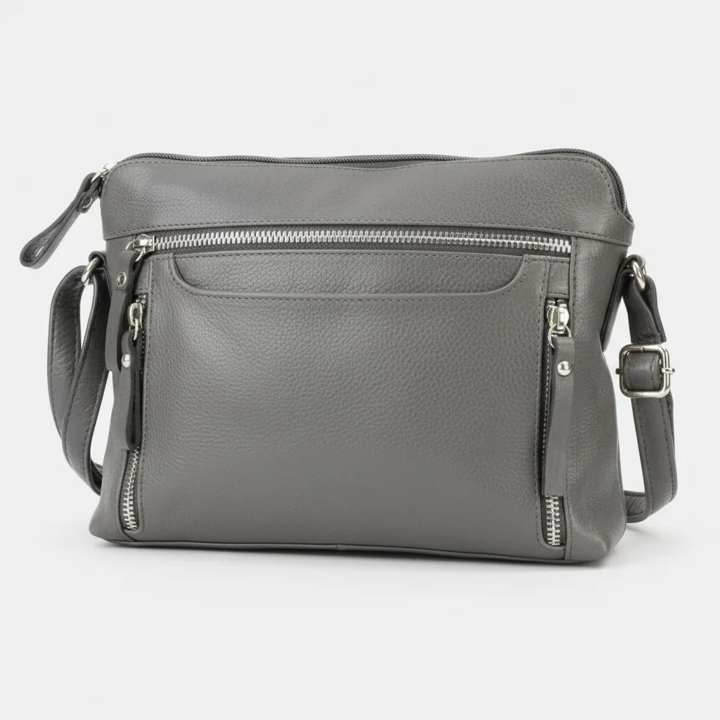 Leather Crossbody Slim Bag with Zippered Pockets & Adjustable Strap