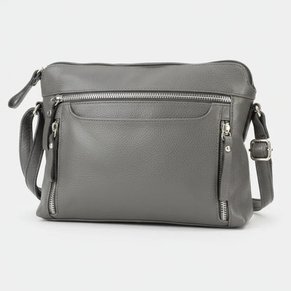 Leather Crossbody Slim Bag with Zippered Pockets & Adjustable Strap
