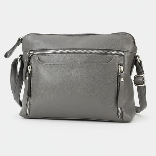 Leather Crossbody Slim Bag with Zippered Pockets & Adjustable Strap