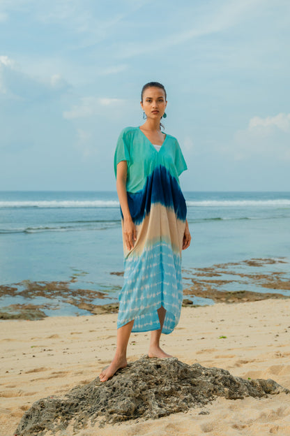 Ombre Strped Kaftan Dress - Blue & Tan