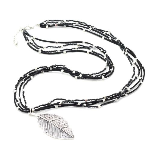 Suede & Beaded Necklace with Leaf Pendant
