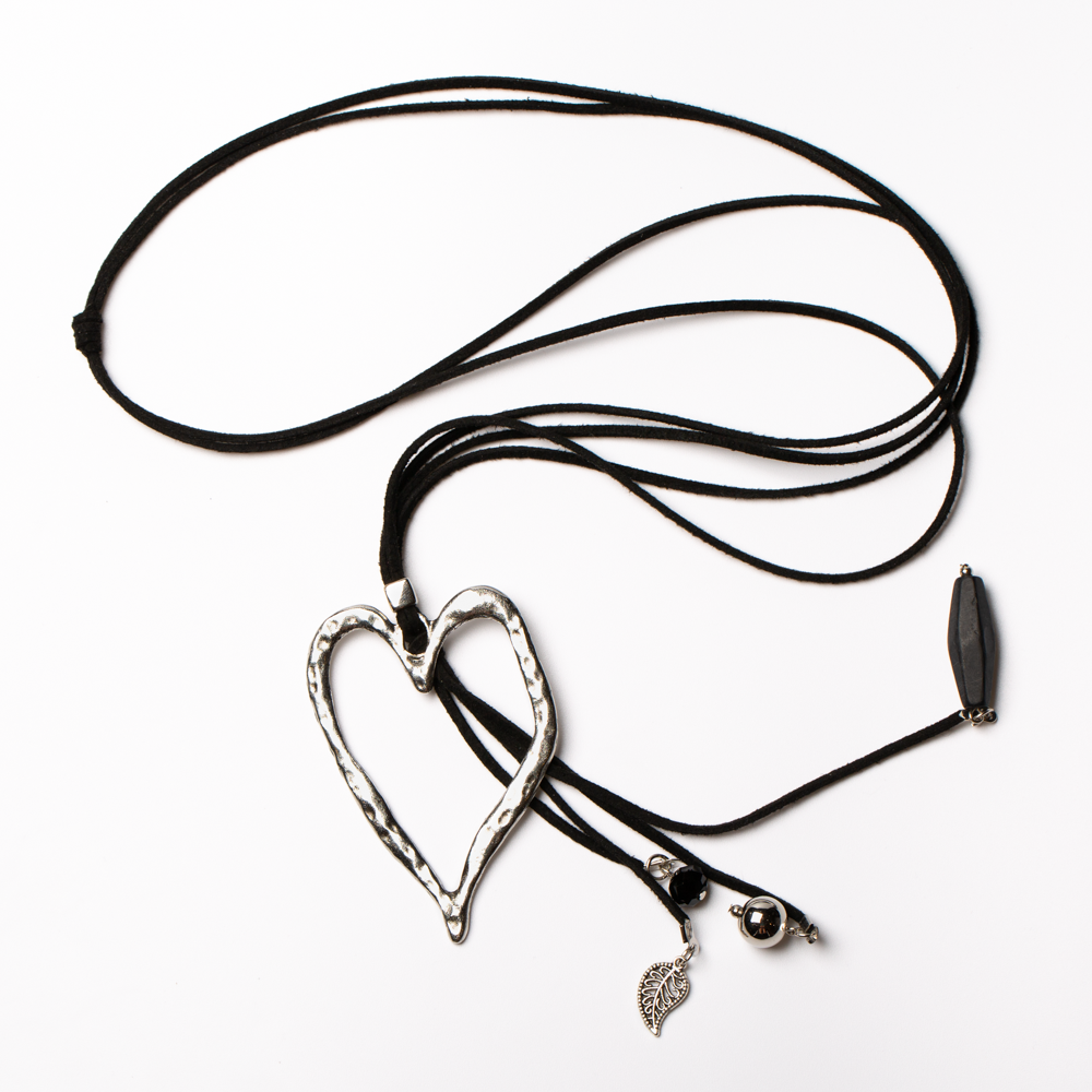 Long Open Heart Pendant On Suede With Charms