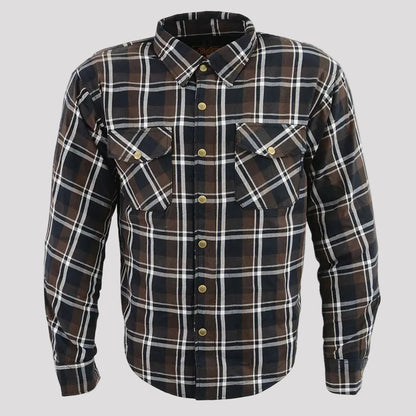 Milwaukee Leather Men's Brown Checkered Armored Flannel Biker Shirt with Reinforced Fibers