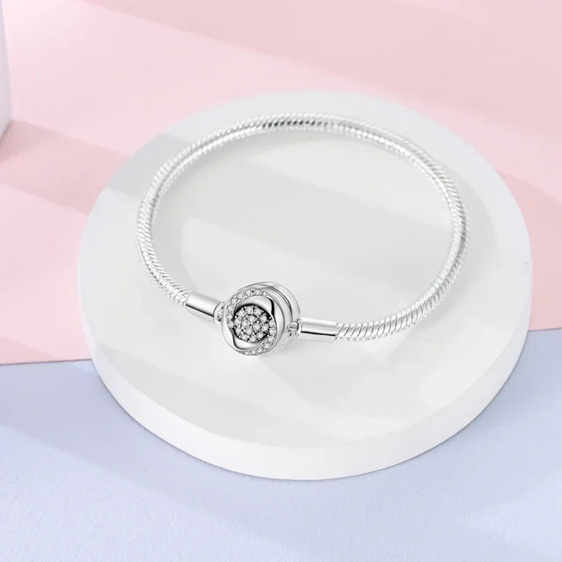 Sterling Silver Snake Chain Bracelet with Rose CZ Clasp