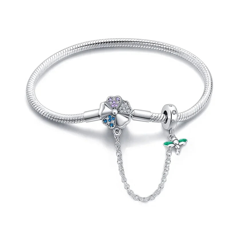 Sterling Silver Clover & Dragonfly Charm Bracelet with Safety Chain