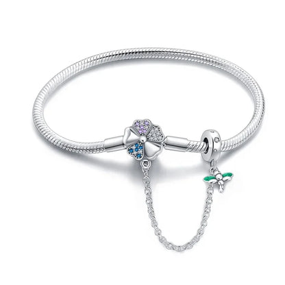 Sterling Silver Clover & Dragonfly Charm Bracelet with Safety Chain