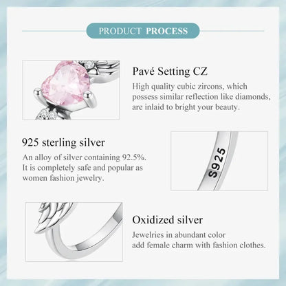 925 Sterling Silver Pink Heart Wing CZ Ring