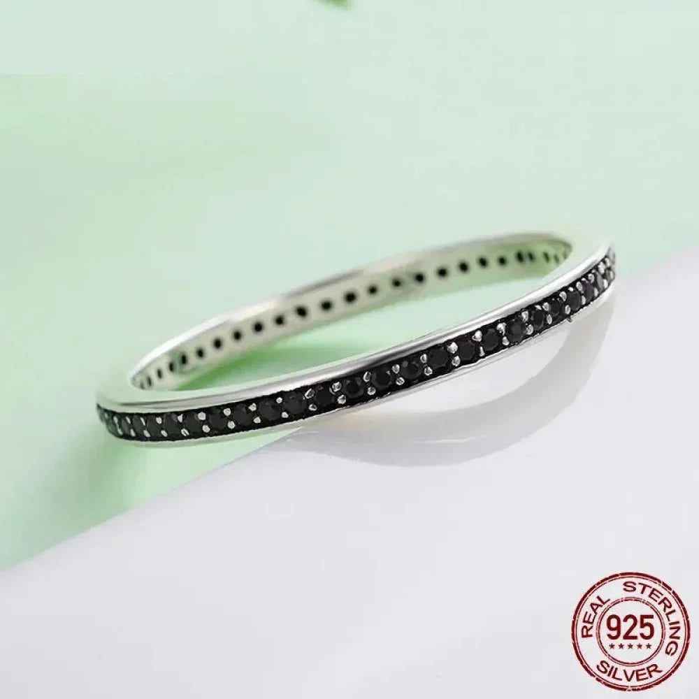 925 Sterling Silver Black & Clear Double Circle CZ Ring