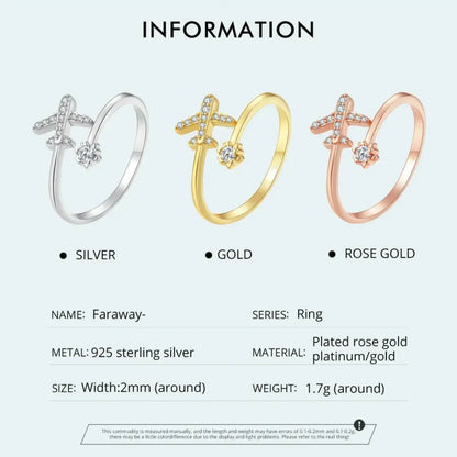 925 Sterling Silver CZ Flying Plane Open Ring