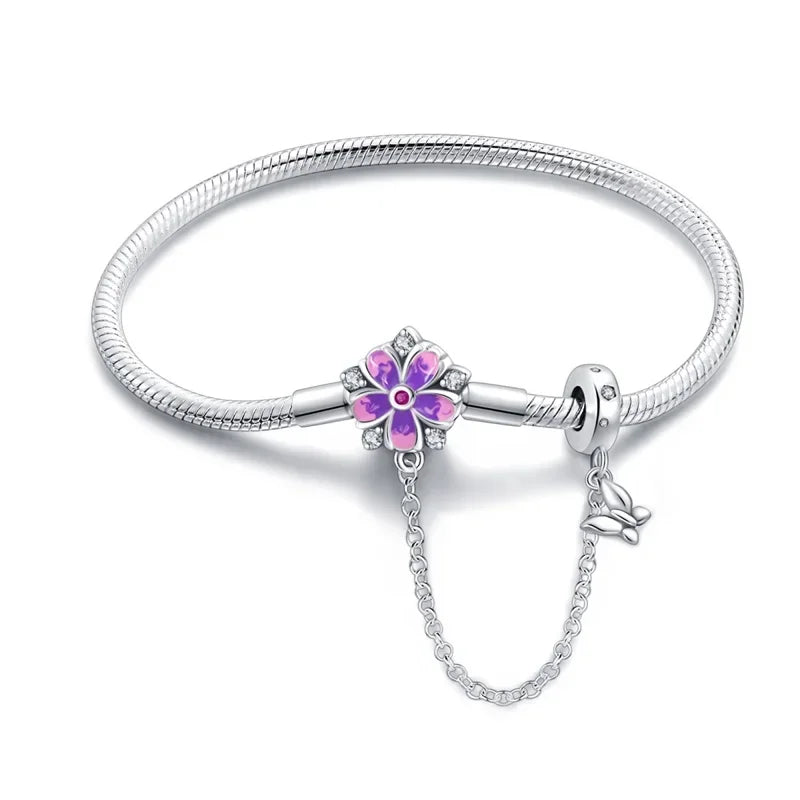 Sterling Silver Floral Charm Bracelet with Safety Chain
