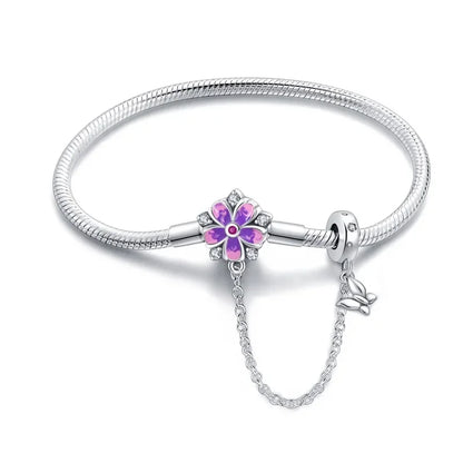Sterling Silver Floral Charm Bracelet with Safety Chain
