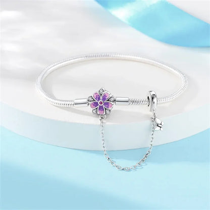 Sterling Silver Floral Charm Bracelet with Safety Chain
