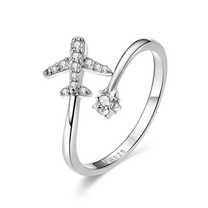 925 Sterling Silver CZ Flying Plane Open Ring
