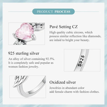 925 Sterling Silver Pink Heart Wing CZ Ring