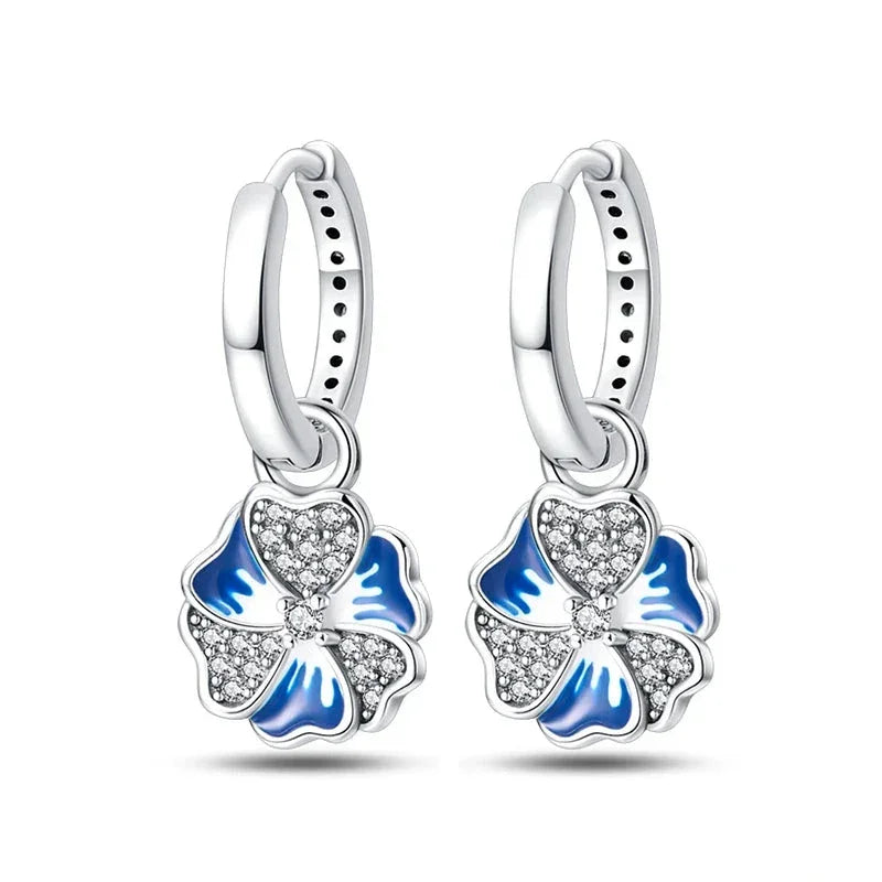 Elegant Blue Flower Charm Sterling Silver Hoop Earrings