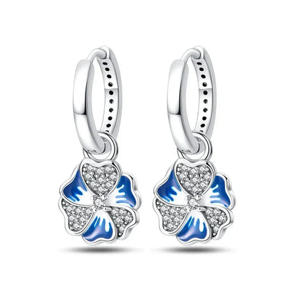 Elegant Blue Flower Charm Sterling Silver Hoop Earrings