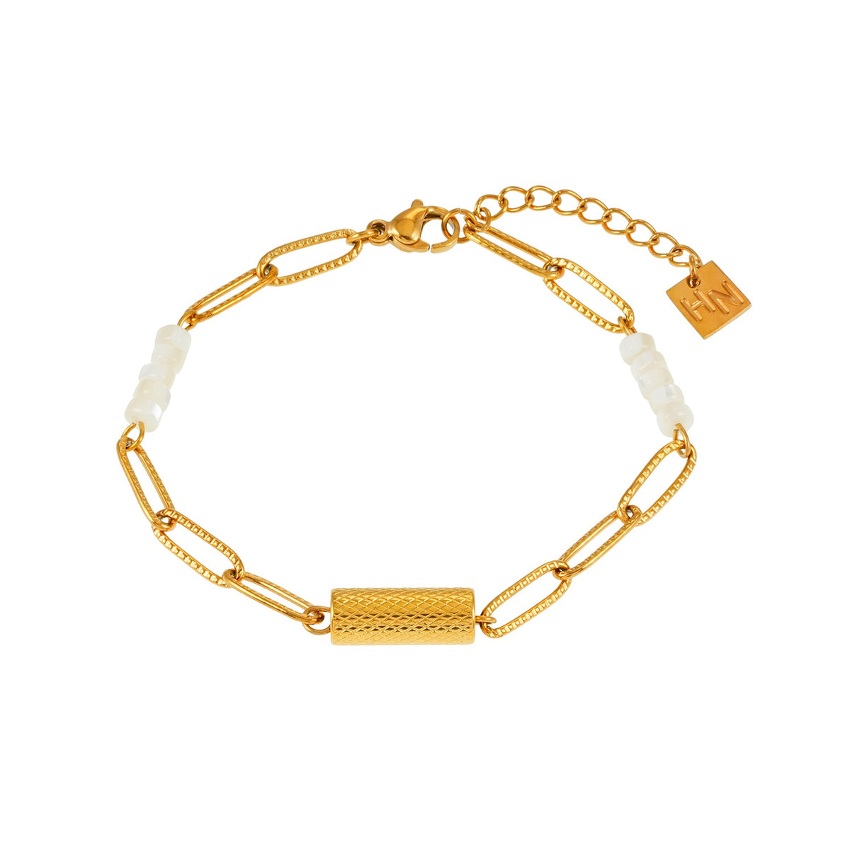Bracelet SEDONA : Combinaison de coquillages naturels et d'une chaîne trombone dorée avec un pendentif Art déco