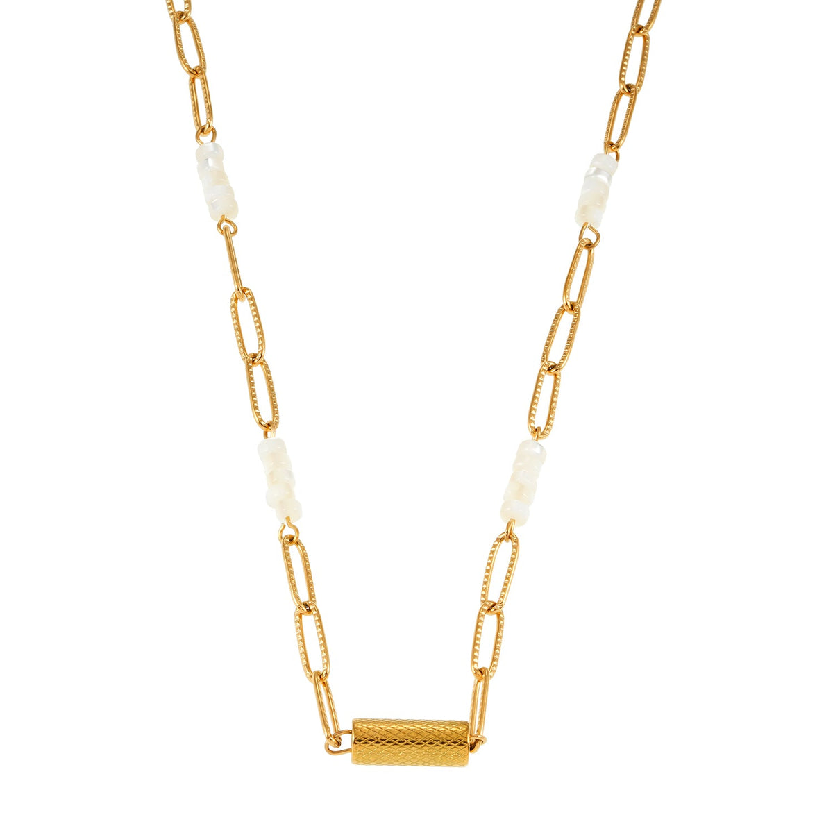 Collier SEDONA : Combinaison de coquillages naturels et d'une chaîne trombone dorée avec un pendentif Art déco