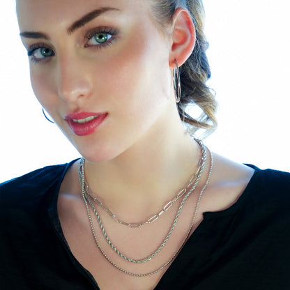 SELENE: Triple Layer Mixed Chain Necklace in Silver Toned White Gold