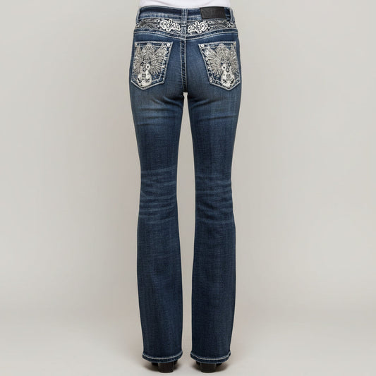 Skull Rider Women’s Music Note & Electric Guitar Bling Jeans. High Waisted Bootcut Western Denim