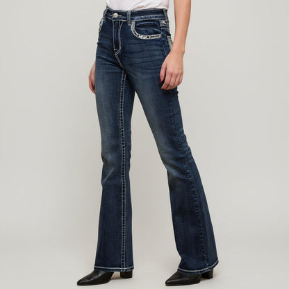 Skull Rider Women’s Music Note & Electric Guitar Bling Jeans. High Waisted Bootcut Western Denim