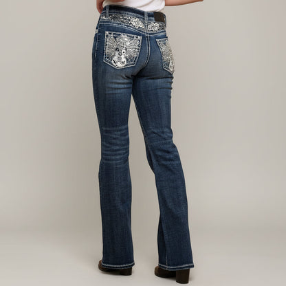 Skull Rider Women’s Music Note & Electric Guitar Bling Jeans. High Waisted Bootcut Western Denim
