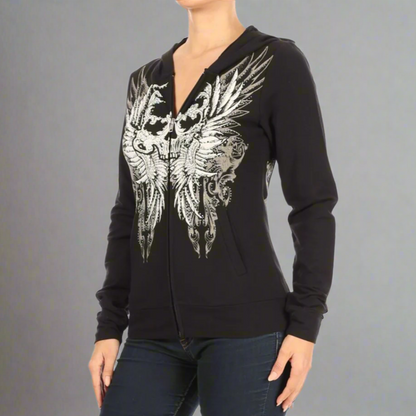 Sweat à capuche Femme Aile de Crâne Strass