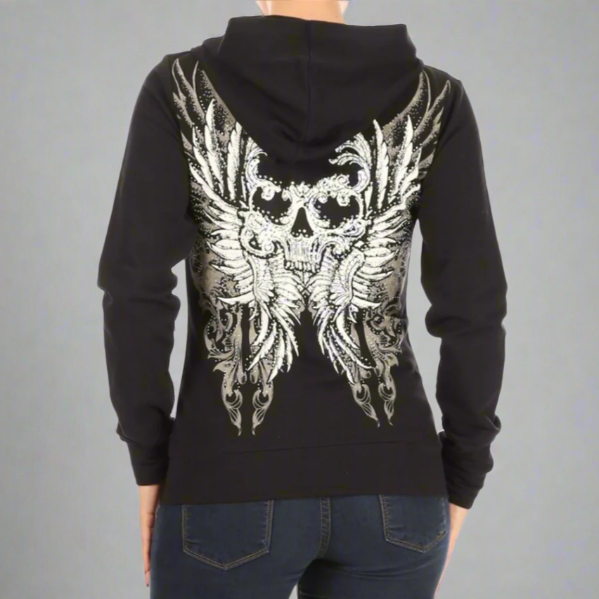 Sweat à capuche Femme Aile de Crâne Strass