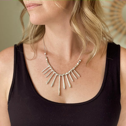 Drop Fan Necklace In Silver Plate
