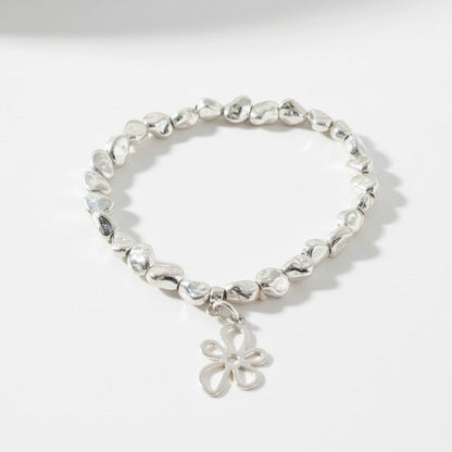 Flower Charm Nugget Bracelet in Silver Plate
