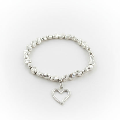 Heart Charm Nugget Bracelet in Silver Plate