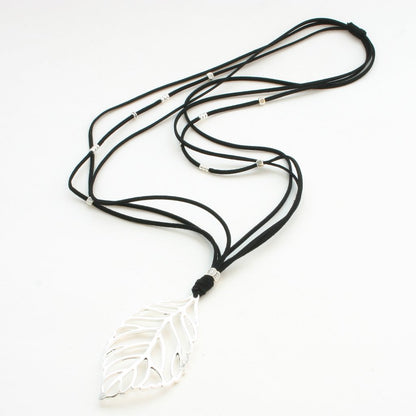 Suede Necklace With Leaf Pendant In Silver Plate
