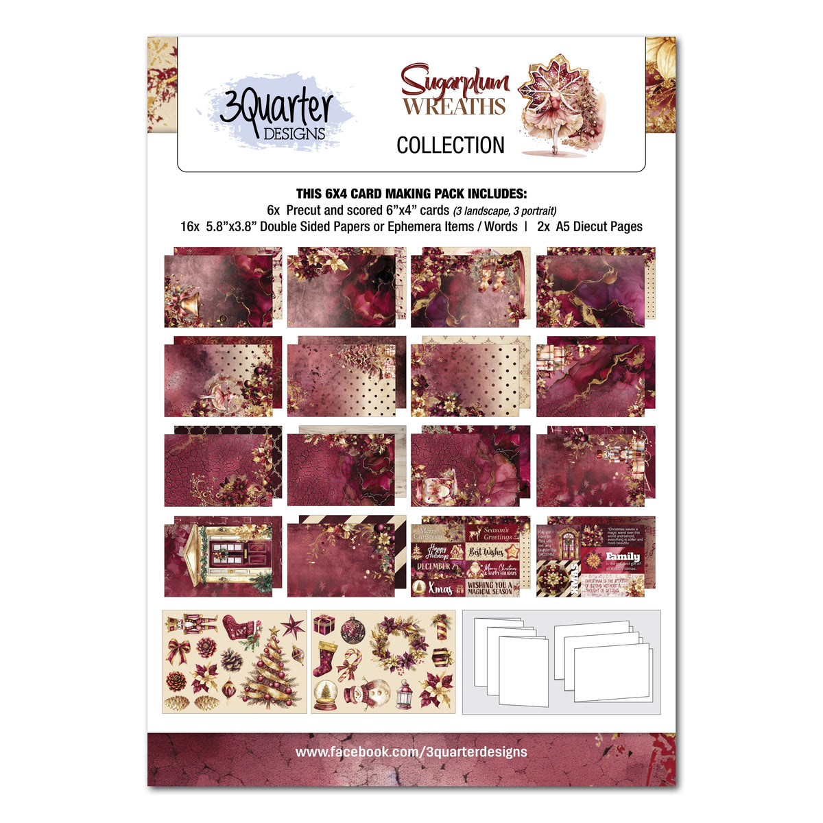 3Quarter Designs Couronne de Noël Sugarplum  Paquet de 6x4 Cartes