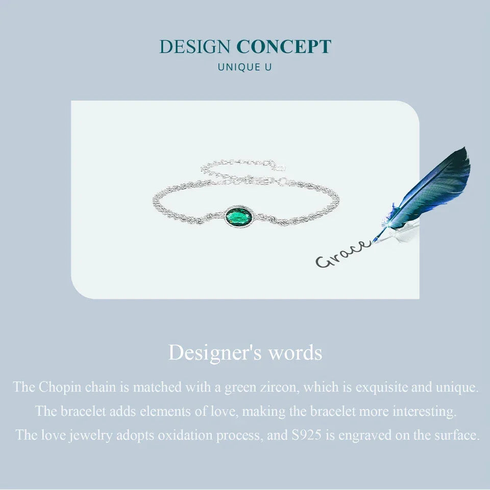 Bracelet Chopin en argent sterling avec zircon vert – ajustable