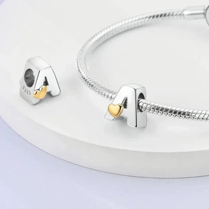 925 Sterling Silver Initial Charm with Gold Heart