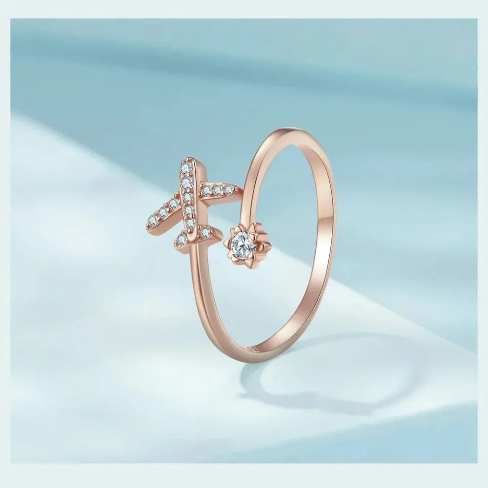 925 Sterling Silver CZ Flying Plane Open Ring