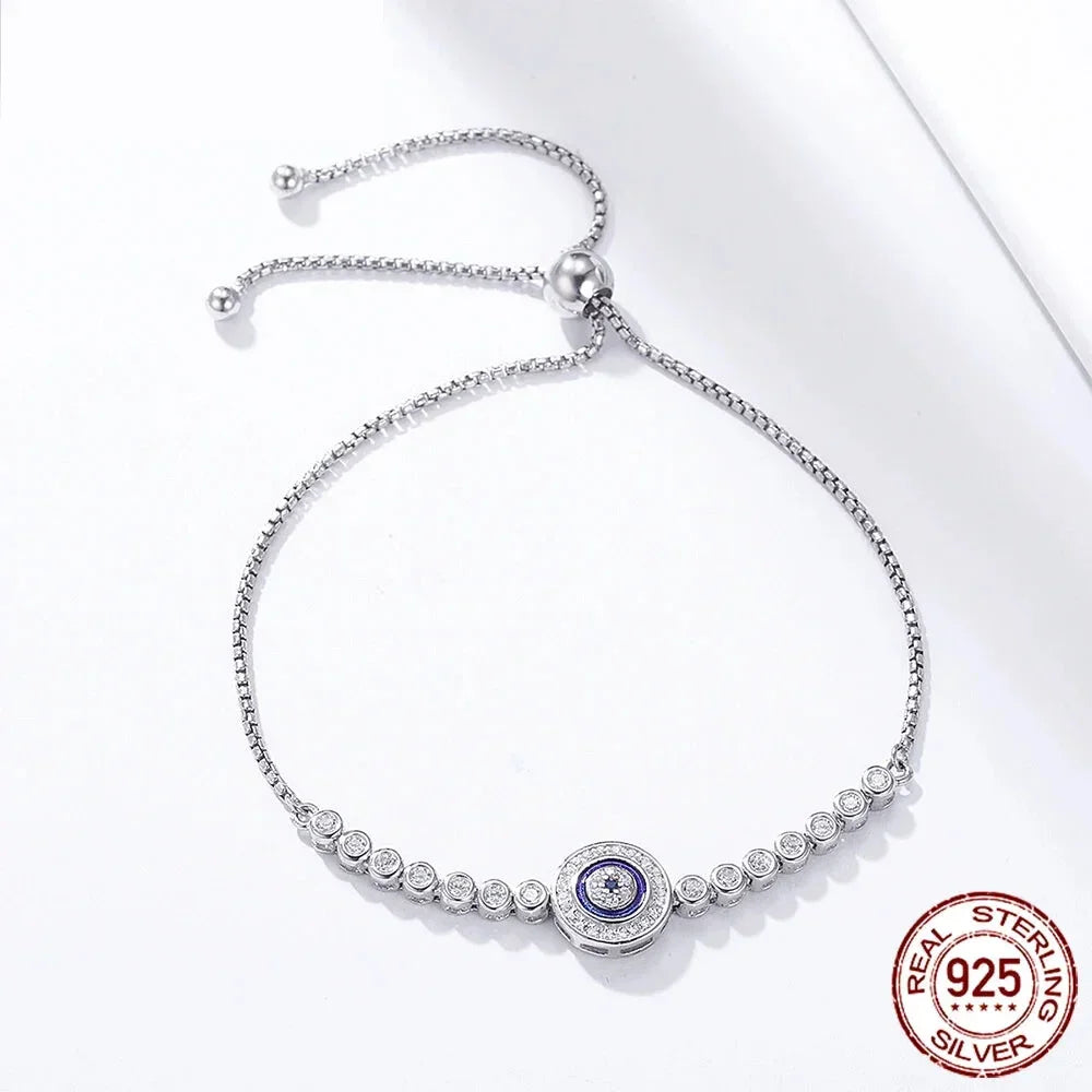 Sterling Silver Evil Eye Tennis Bracelet with CZ – Adjustable