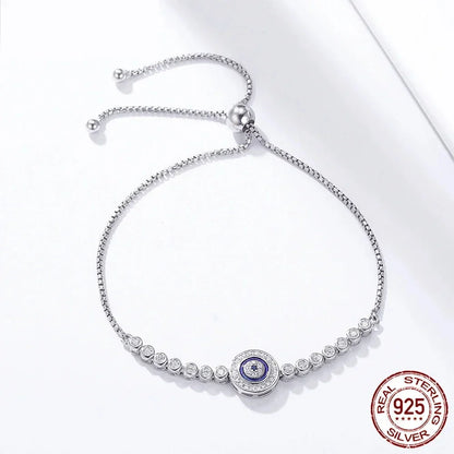 Sterling Silver Evil Eye Tennis Bracelet with CZ – Adjustable