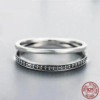 925 Sterling Silver Black & Clear Double Circle CZ Ring