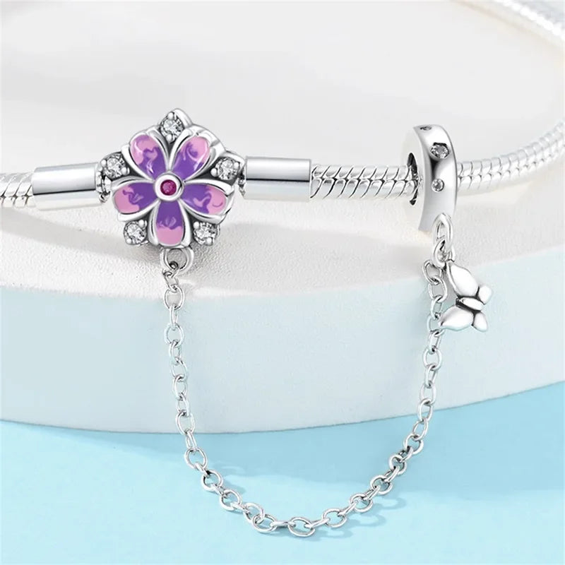 Sterling Silver Floral Charm Bracelet with Safety Chain