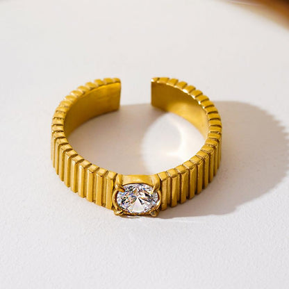TALA: Art-Deco Style Textured Band Ring with a Round Zirconia Centerpiece
