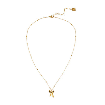 TALIANA Gold: Dainty Beaded Chain Necklace with Bow Pendant & Solitaire Zirconia – Elegant Everyday Jewelry