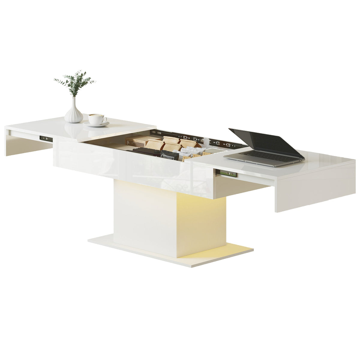 Table basse extensible Halston avec lumières LED et rangement dissimulé - Blanc