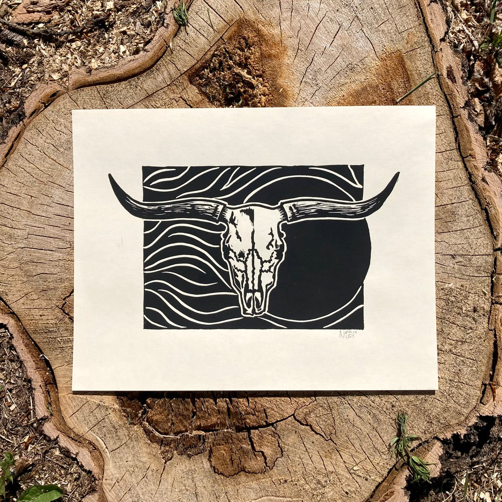 'Cattle Skull' lino print