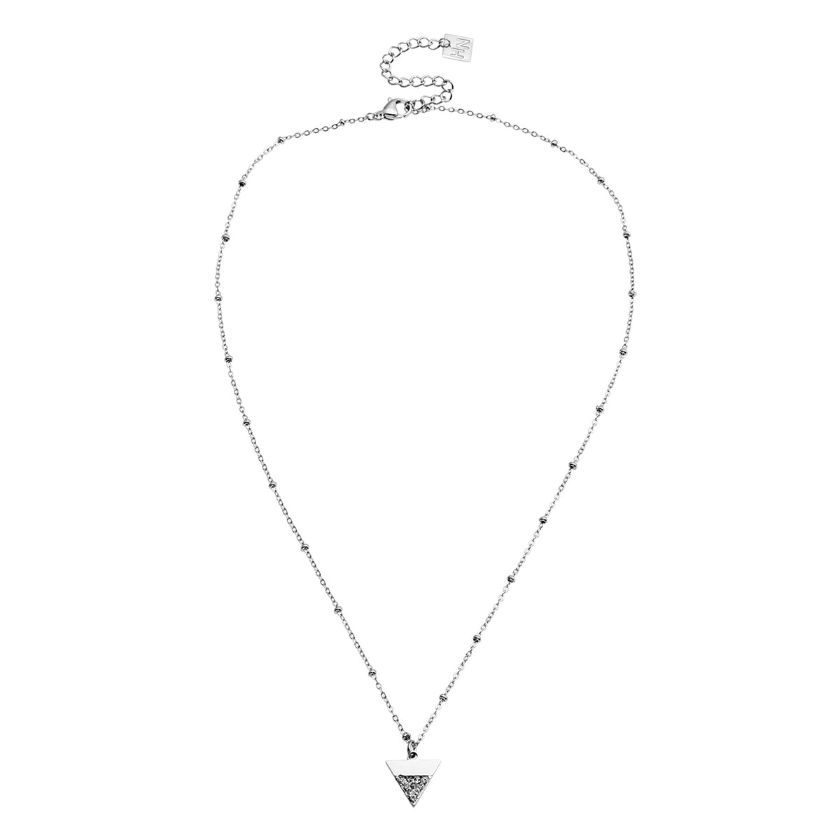 URIKA Beaded Chain Necklace with  Zirconia Pavé Triangle Pendant in Silver