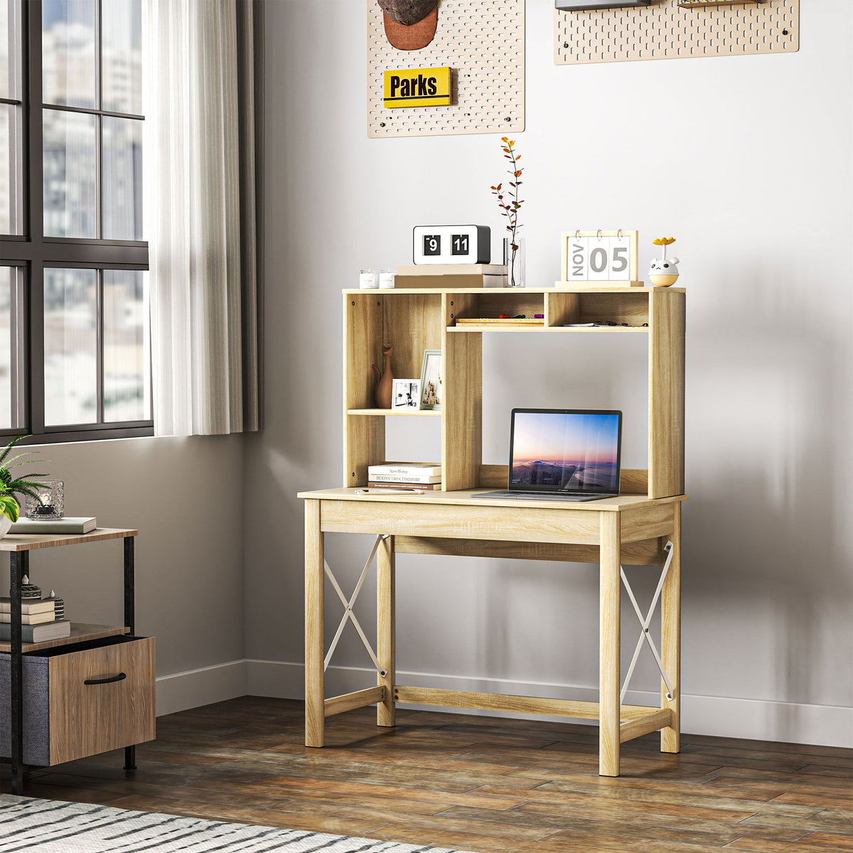 Bureau informatique Sloan avec surmeuble et étagères de rangement - Chêne